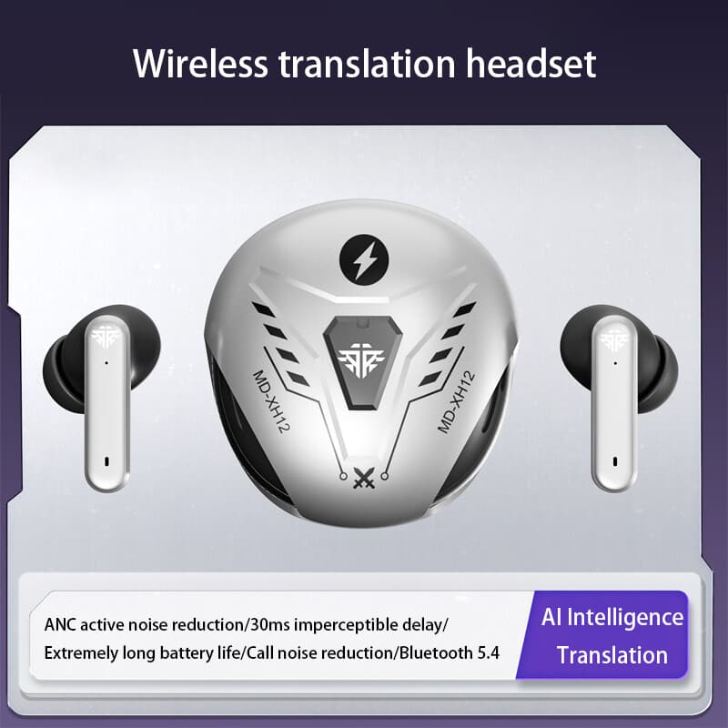 VoxorAI XH12 zilver AI Translator-hoofdtelefoon met realtime vertaalondersteuning voor 150 talen. Coole Bluetooth gaming-hoofdtelefoon voor studie, reizen en werk. — afbeelding 1