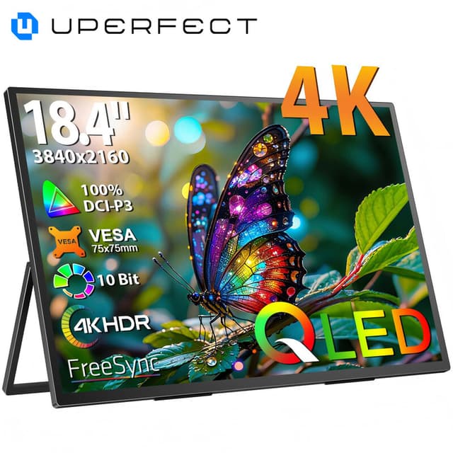UPERFECT 18,4 inch 4K QLED draagbare monitor met 3840 x 2160 UHD-scherm, geïntegreerde bevestiging, USB-C, Mini-HDMI, voor pc, laptop, mobiele telefoon, Xbox Switch, PS4/5, metalen behuizing, VESA-montage
