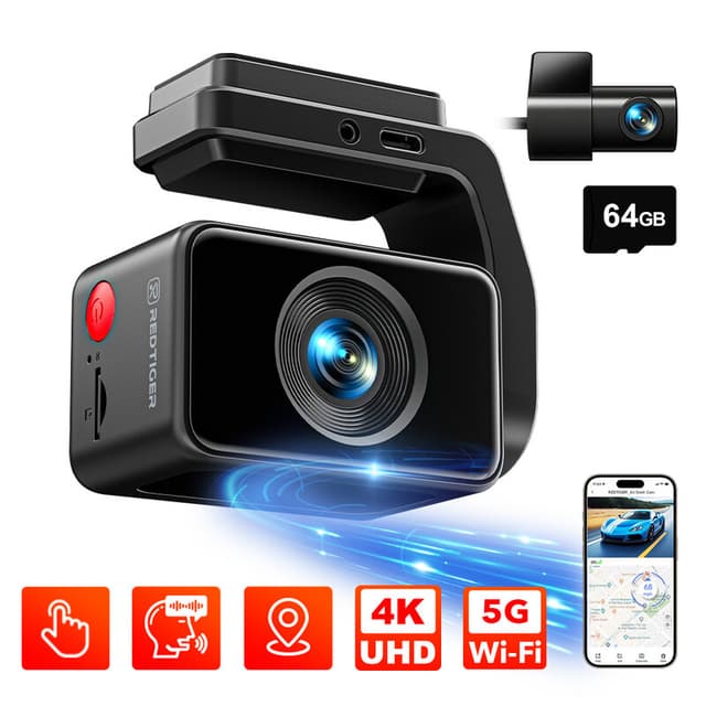 REDTIGER A4 dashcam voor en achter, 4K auto-dashcamera met GPS & 5G-wifi, touchscreen, 64GB-kaart, spraakbesturing, super nachtzicht, dashcam voor en achter met G-sensor