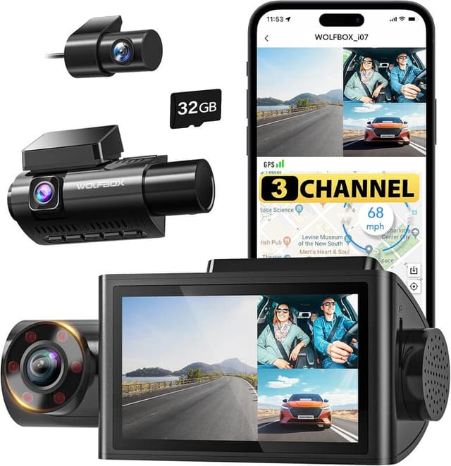 WOLFBOX i07 3-kanaals dashcam met ingebouwde wifi en gps, 4K-dashcam voor voorzijde en interieur, 1440P+1080P+1080P driedubbele autocamera met 3 inch lcd-scherm, 32 GB-kaart inbegrepen, ir-nachtzicht
