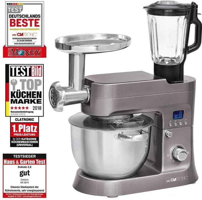 Clatronic KM 3674 - Keukenmachine - 1200 W, 6,2 L, titanium, 4-in-1 LCD — afbeelding 1