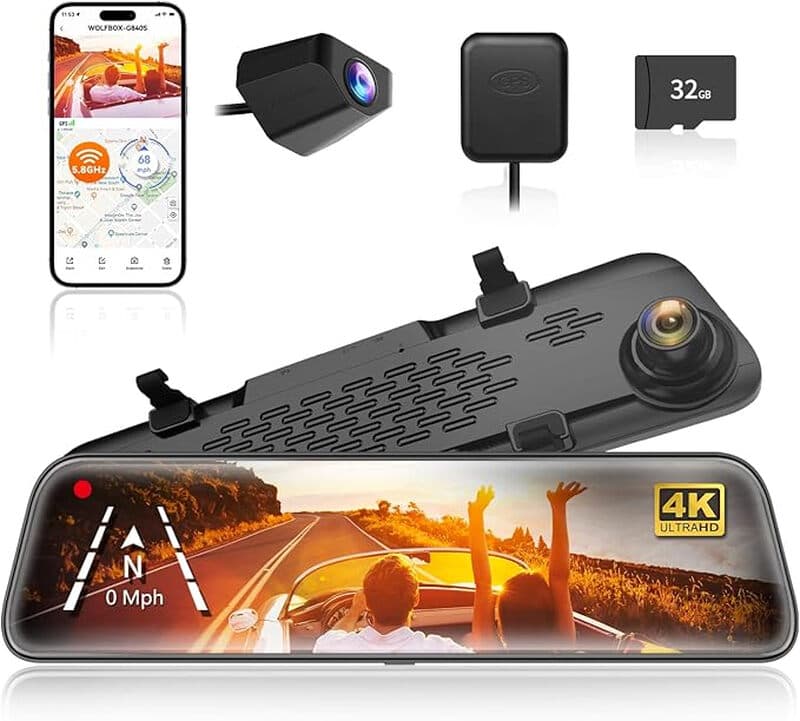 WOLFBOX G840S 12" 4K spiegel-dashcam, 5,8 GHz WiFi slimme achteruitkijkspiegel voor auto's en vrachtwagens, dubbele camera's voor voor- en achterkant, nachtzicht, parkeerassistentie, inclusief 32 GB SD-kaart & GPS — afbeelding 1