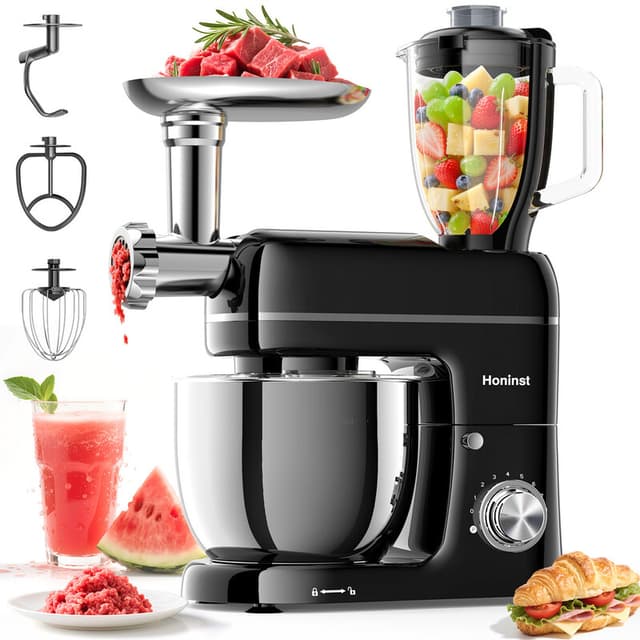 Honinst 7-in-1 Multifunctionele Staande Mixer, 6,5 QT 8-Snelheden Kantelkop Keukenmixer, Elektrische Voedingsmixer met Vleesmolen, Juicer Blender, Deeghaak, Mixer, Garde en Kom voor de Meeste ThuisKoks