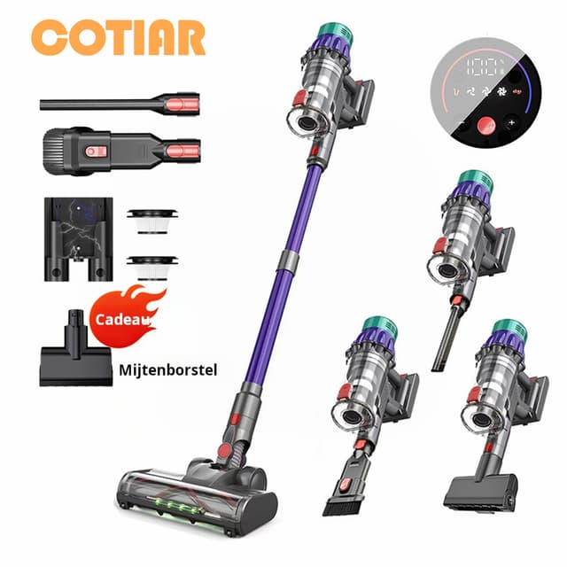 COTIAR V22 draadloze steelstofzuiger, 650 W, 55 kPa zuigkracht, borstelloze ontwerping, 1,2 l capaciteit, LED-display, voor vloeren, tapijt en dierharen, paars