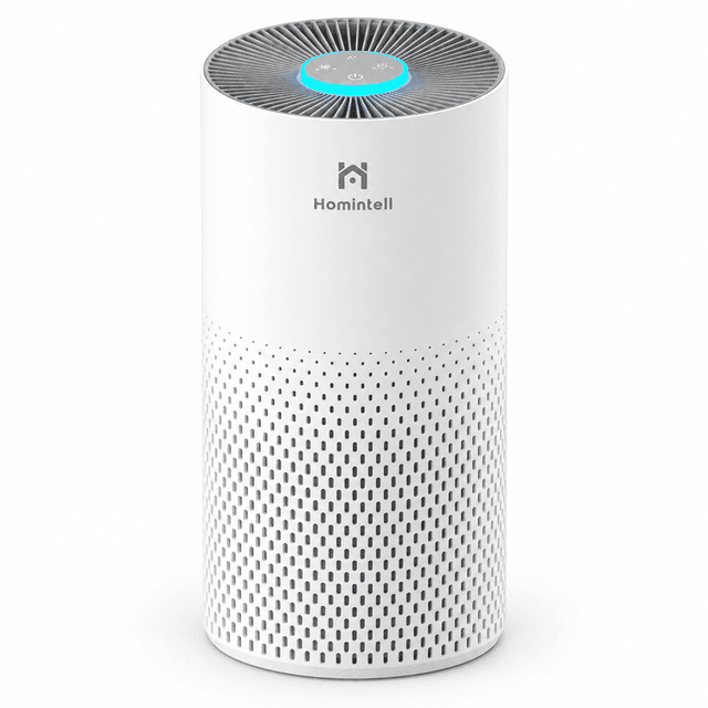 Homintell Luchtreiniger - CADR 150 m³/u, 3 snelheden, HEPA- en actieve koolfilters, 8-uurs timer, touchbediening, 7-kleuren atmosfeerverlichting, ideaal voor 18 m² kamers.