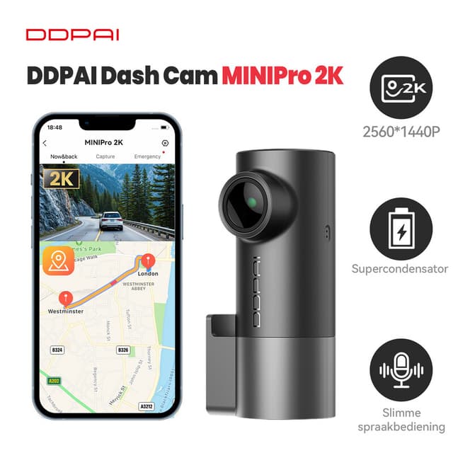 DDPAI MINI Pro dashcam, 1440p-resolutie, wifi, 121°-kijkhoek, nachtzicht, slimme spraakbediening, ondersteunt 24-uurs parkeermonitor