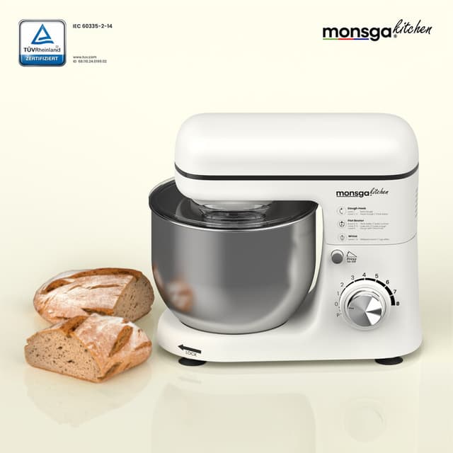 Monsga SM100 Keukenmachine, 1000W, Crèmewit, 5,0L RVS Mengkom, 8 Snelheden, Stil, met Premium Teflon Kneedhaak (Extra Antiaanbaklaag & 260°C Hittebestendig), Garde, Klopper & Spatdeksel