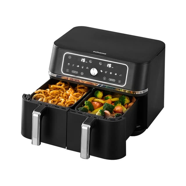 ochama Airfryer met twee kamers, 9 liter capaciteit, huishoudelijke keukenmachine, aparte kookzones met nauwkeurige temperatuurregeling, 10-in-1 multifunctioneel, thuisfriteuse en oven