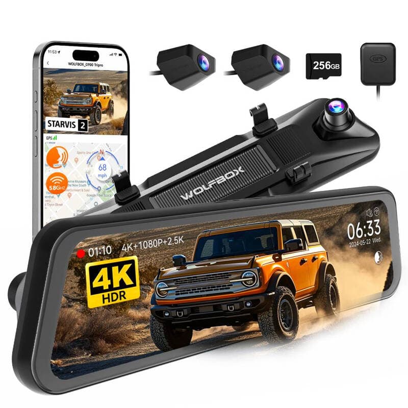 WOLFBOX G900 Tripro Bumper Versie 3-kanaals 4K spiegel-dashcam, 8 MP STARVIS 2 IMX678 nachtzicht, 4K+2.5K+1080P voor- en achterbumper-dashcam, 5.8 GHz wifi, spraakbesturing, inclusief 256 GB SD-kaart & GPS — afbeelding 1