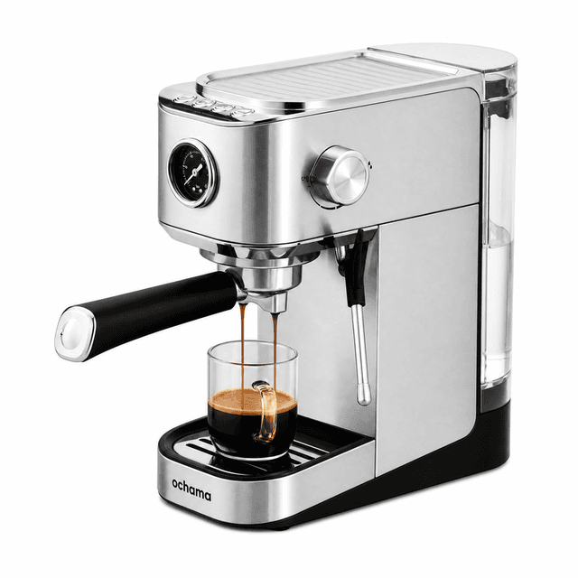 ochama Halfautomatische Espressomachine, 20Bar Hoge‑Druk Extractie, 0,9L Afneembare Watertank, Kopjesverwarming, Volledig Metalen Rvs Behuizing Met Manometer, Stoom Melkopschuimer