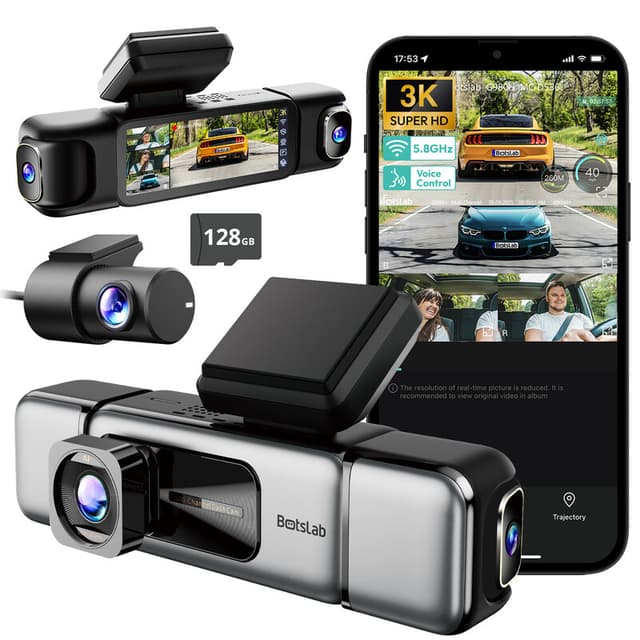 BOTSLAB 3K 4-kanals dashcam, 560°-zicht aan alle kanten, voor- en achtercamera voor in de auto met 3,18-inch touchscreen, 24/7 parkeermodus, ingebouwde GPS, 5,8 GHz WiFi, spraakbediening