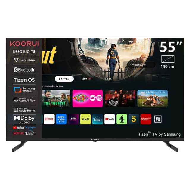 KOORUI K55Q1UQ-T8, 55 inch, 4K QLED, TIZEN TV, Randloos ontwerp, Dynamisch geluid met Dolby Audio, Top-end metalen afwerking