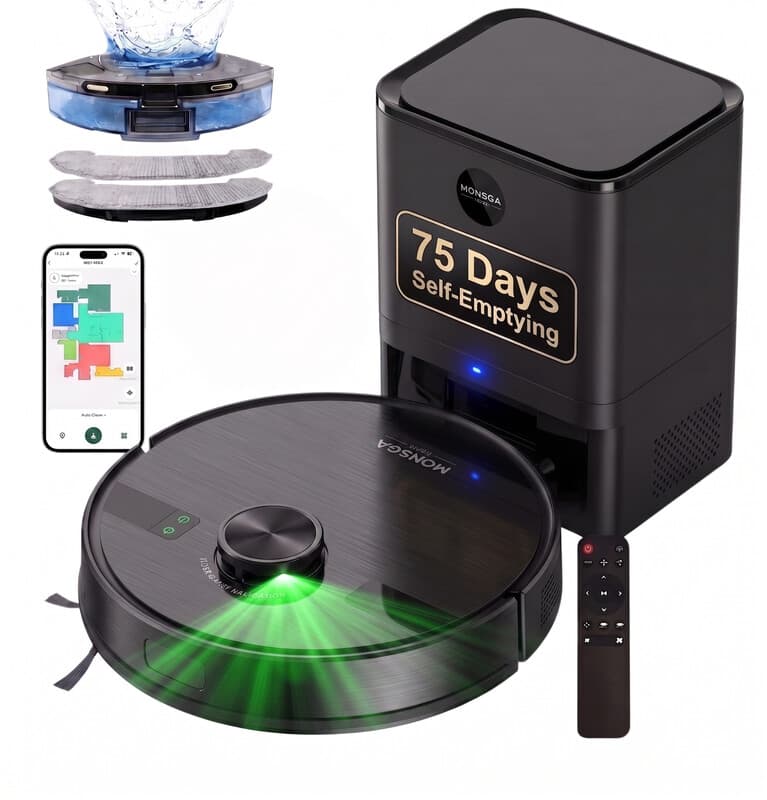 MONSGA MS1 robotstofzuiger met dweilfunctie, 9000 Pa zuigkracht met 4,0 L zelflegend station, robotstofzuiger met LiDAR-navigatie, 180 minuten gebruiksduur, app-/afstandsbediening/-spraakbesturing, voor harde vloeren en tapijten — afbeelding 1