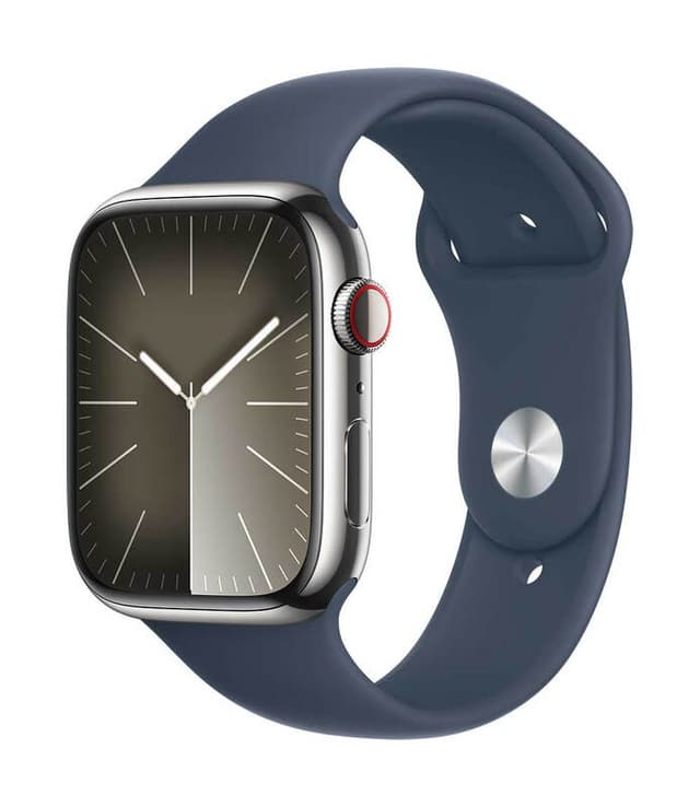 Apple Watch series 9 GPS + Cellular 41 mm zilverkleurige roestvrijstalen behuizing met stormblauwe sportband - M/L