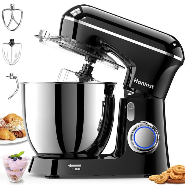 Honinst Staande Mixer, 6,5QT 10-Snelheids Kantelkop Elektrische Staande Mixer, 3-in-1 Keukenmixer met Kom, Deeghaak, Garde en Klopper, Voedingsmixer voor Bakken, Taart en de meeste Thuiskoks