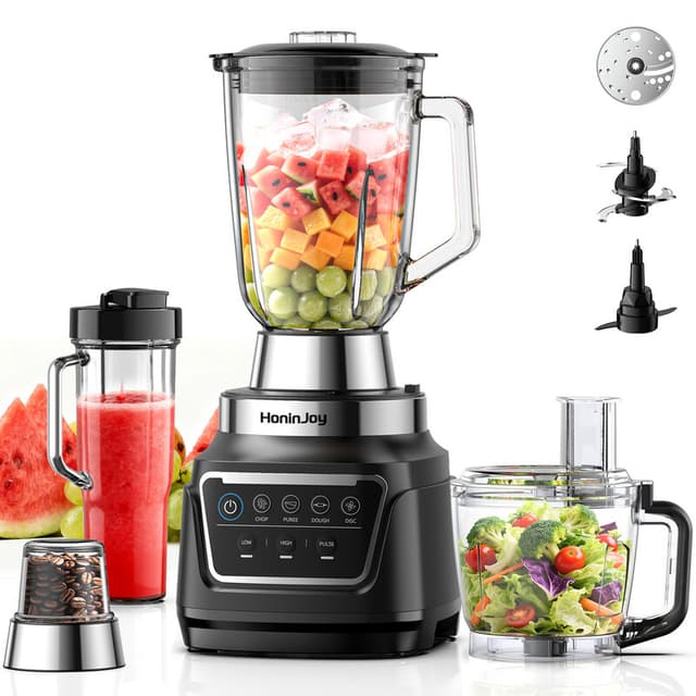 HoninJoy All-in-One Blender & Keukenmachine, 10-in-1 Professionele Blender voor Smoothies, Ijs Crush, Deegbereiding, Hakken, Malen, Snijden & Raspelen, Vaatwasserbestendig voor Keuken en Huishoudelijk Gebruik