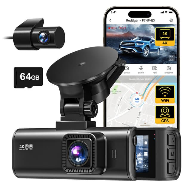 REDTIGER F7NP-EX 4K dashcam voor en achter, ingebouwde wifi & GPS, HD-dashcamera, WDR, nachtzicht, 64GB-kaart, GPS, 5,8 GHz wifi - Zwart