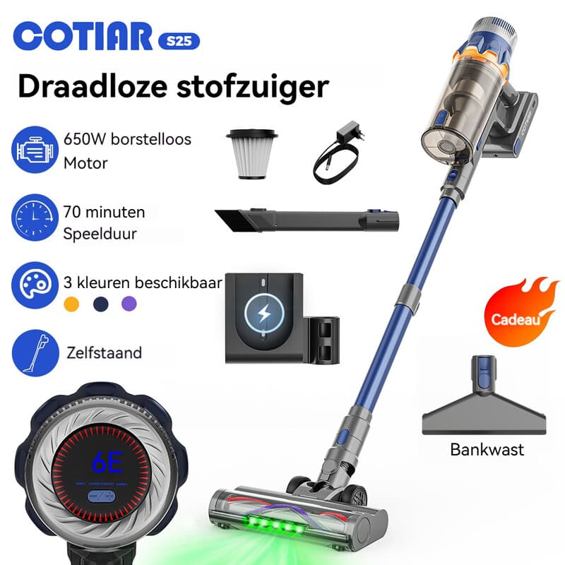COTIAR S25 draadloze steelstofzuiger, 650 W, 60 kPa, sterke zuigkracht, 70 min werktijd, handstofzuiger, draagbaar, uitneembare accu, blauw — afbeelding 1