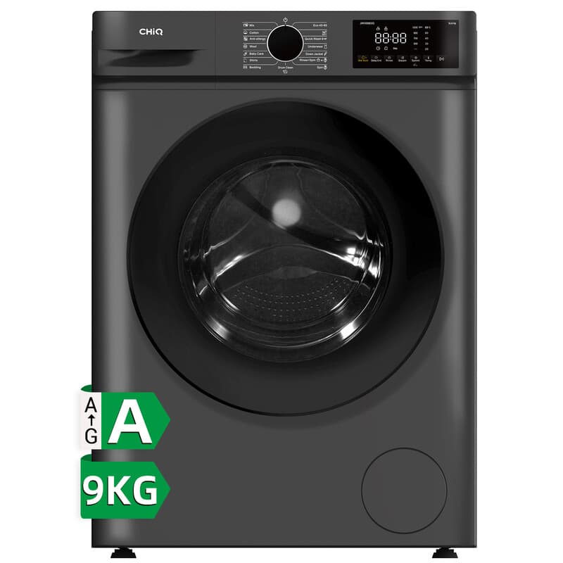 CHiQ 9 kg frontlader wasmachine, donkergrijs, energieklasse A, grote trommel 530 mm, 1400 toeren, 16 programma's, stoomwassen & 1-touch slim wassen JW95883G — afbeelding 1