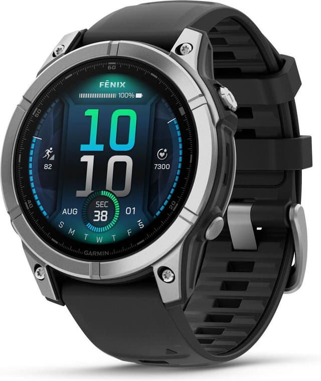 GARMIN Fenix E - 47 mm, AMOLED, Roestvrij staal, Zwarte siliconen band