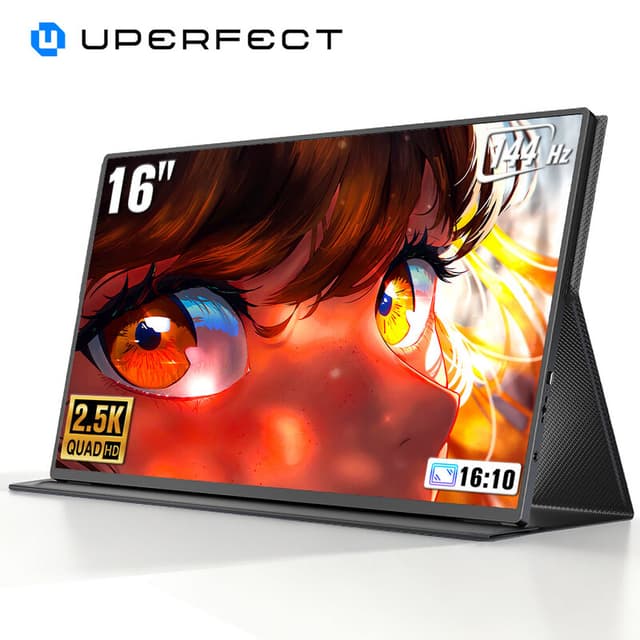 UPERFECT 16" 2K 144Hz draagbare monitor met 2560 x 1600, 16:10, 1200:1, 450 nits QLED-scherm, Mini HDMI, Type-C, voor pc, laptop, mobiele telefoon, Xbox, Switch, PS4/5, draagbaar scherm, VESA-montage compatibel