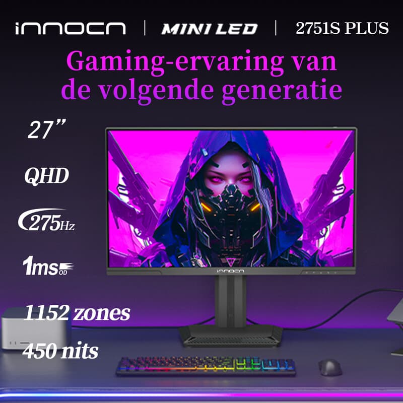 INNOCN 27-inch Mini LED gaming monitor, 1152 zones, QHD 2K, 275Hz 1ms, IPS-scherm, 99% Adobe RGB (1931) & 99% sRGB, helderheid 450, FreeSync, HDMI/DP, ingebouwde luidsprekers, hoogteverstelbaar, Zwart, 2751S PLUS — afbeelding 1