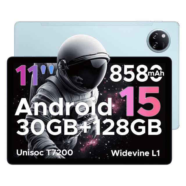 DOOGEE Tab A9 Pro+ Android 15-tablet, 11 inch, 30 GB RAM + 128 GB opslag/2 TB uitbreidbaar, octa-core, 90 Hz HD-display, 8580 mAh batterij, 5G wifi, Widevine L1, dubbele luidspreker en gezichtsontgrendeling - Blauw