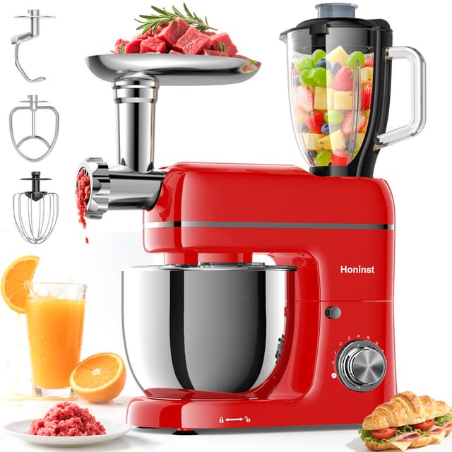 Honinst 7-in-1 Multifunctionele Staande Mixer, 6,5 QT 8-Snelheden Kantelkop Keukenmixer, Elektrische Voedingsmixer met Vleesmolen, Juicer Blender, Deeghaak, Mixer, Garde en Kom voor de Meeste ThuisKoks
