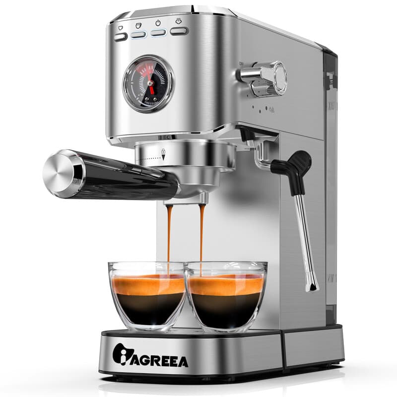 IAGREEA 20 bar professionele espressomachine met manometer, stoompijpje en kopjeswarmer, koffiezetapparaat voor enkele/dubbele shot, 1,1 liter uitneembare watertank, compacte roestvrijstalen koffiezetapparaat voor thuis, geschikt voor latte, cappuccino en — afbeelding 1