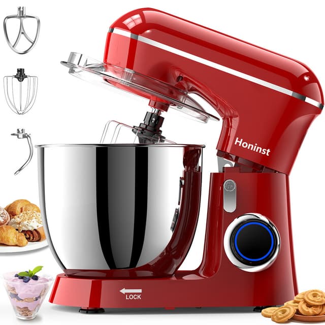 Honinst Staande Mixer, 6,5QT 10-Snelheids Kantelkop Elektrische Staande Mixer, 3-in-1 Keukenmixer met Kom, Deeghaak, Garde en Klopper, Voedingsmixer voor Bakken, Taart en de meeste Thuiskoks