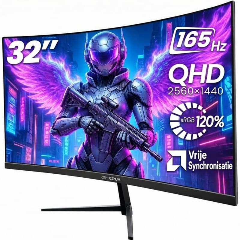 CRUA 32 inch frameloze 1500R curved gaming monitor | 2K QHD (2560×1440) 165 Hz, Adaptive Sync, 100% sRGB kleurengamma, 178° brede kijkhoek, HDMI/DisplayPort, VESA 100×100 mm montage (Zwart) — afbeelding 1