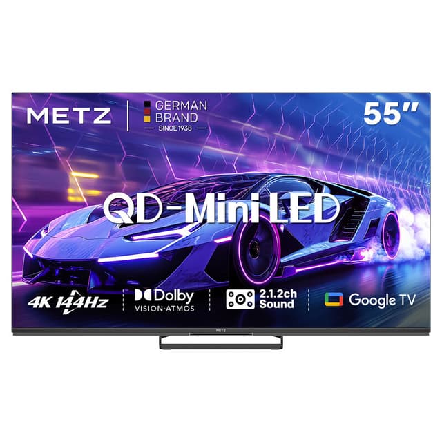 METZ 55 Inch (140 cm) QD-Mini LED Google TV, 55MNE8000Z, 144Hz, 4K HDR 10+, 2.1.2-kanaals Geluidssysteem, Dolby Vision Atmos, Game Mode, Sports Mode met ALLM, VRR, MEMC, Oogzorg, Laag Blauw Licht & Flikkervrij, Google Cast, Spraakbesturing