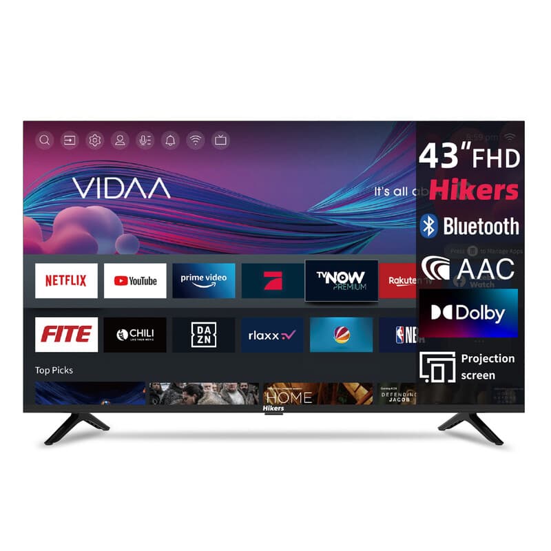 Hikers Smart TV 43 Inch (108 cm) FHD WiFi VIDAA Randloze TV met Drievoudige Tuner (DVB-C/S2/T2), Molotov, Netflix, Prime Video, Disney+, YouTube — afbeelding 1
