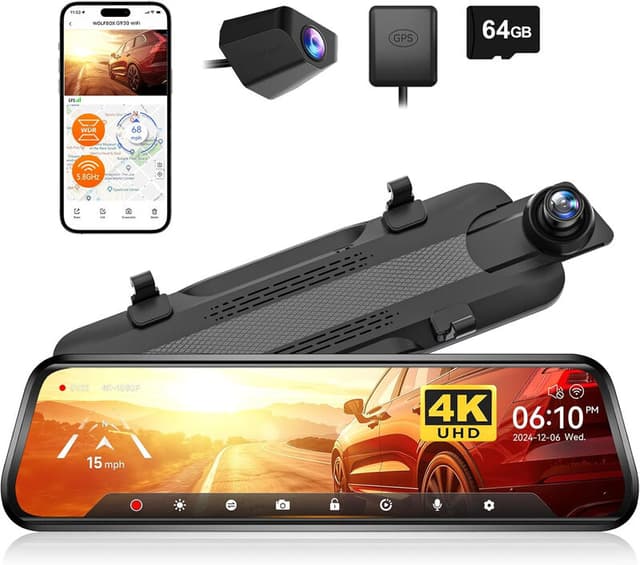 WOLFBOX G930 10-inch achteruitkijkspiegelcamera met 5,8 GHz wifi, 4K dashcam voor en achter met WDR, touchscherm, achteruitkijkspiegelcamera, parkeermonitor, rijassistentie, inclusief 64 GB geheugenkaart & GPS