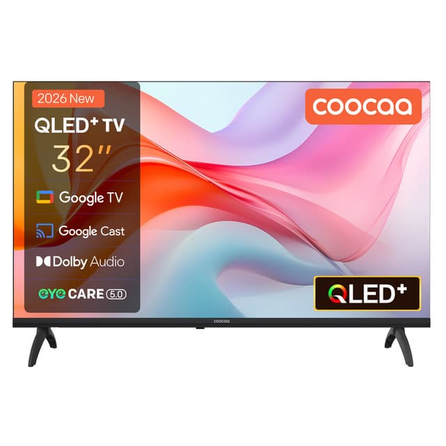 Coocaa 32 inch (80 cm) QLED smart tv met Google TV, HDR10, Dolby Audio, Bluetooth 5.1, oogzorg, Google Cast, drievoudige tuner DVB-T2/C/S2, CI+, model 32CGQG41Z (2026), energieklasse E