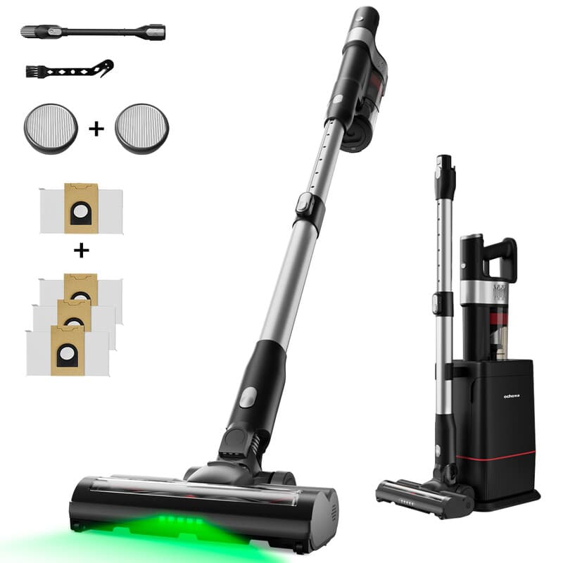 Ochama draadloze stofzuiger, 350 W 28 kPa krachtige zuigkracht, zelfreinigend laadstation, 35 min looptijd, 180° plat liggen, groene led-koplamp, 5-laagse filtratie, voor dierenhaar, tapijten en harde vloeren — afbeelding 1