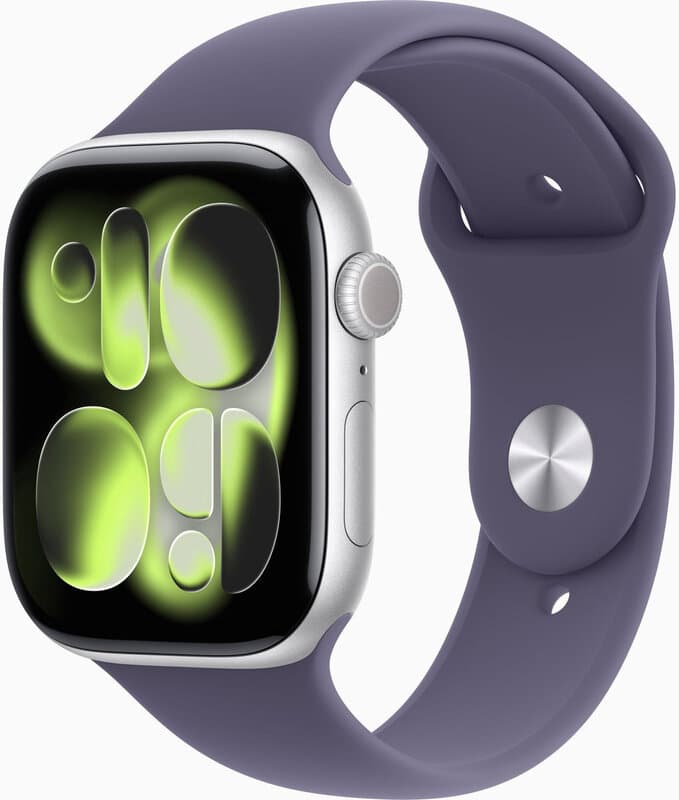 Apple Watch Series 11 GPS + mobiel 46 mm zilverkleurige aluminium behuizing met paarse mist sportband - S/M — afbeelding 1