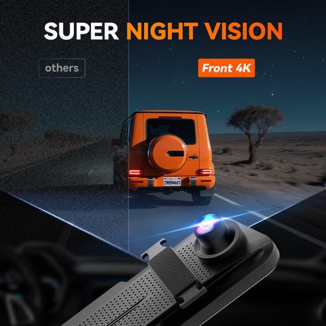 WOLFBOX M40 10-inch achteruitkijkspiegelcamera, 4K+1080P voor- en achtercamera, spiegel-dashcam met ADAS/BSD, spraakbesturing, inclusief 64GB-kaart, wifi & GPS