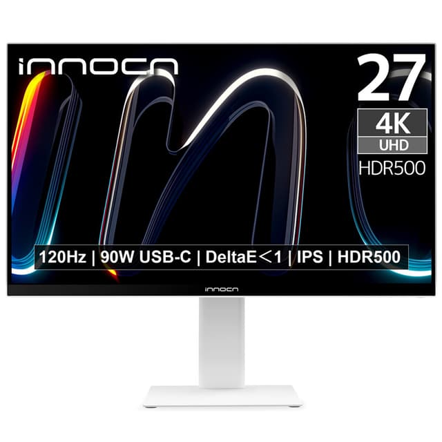 INNOCN CB27U1 27 inch 4K UHD monitor, 3840×2160 IPS, 120 Hz, HDR500, FreeSync, PIP & PBP split screen, USB-C 90 W PD, HDMI DP-poorten, in hoogte verstelbaar, wit, laptopkleur Apple thuis kantoor