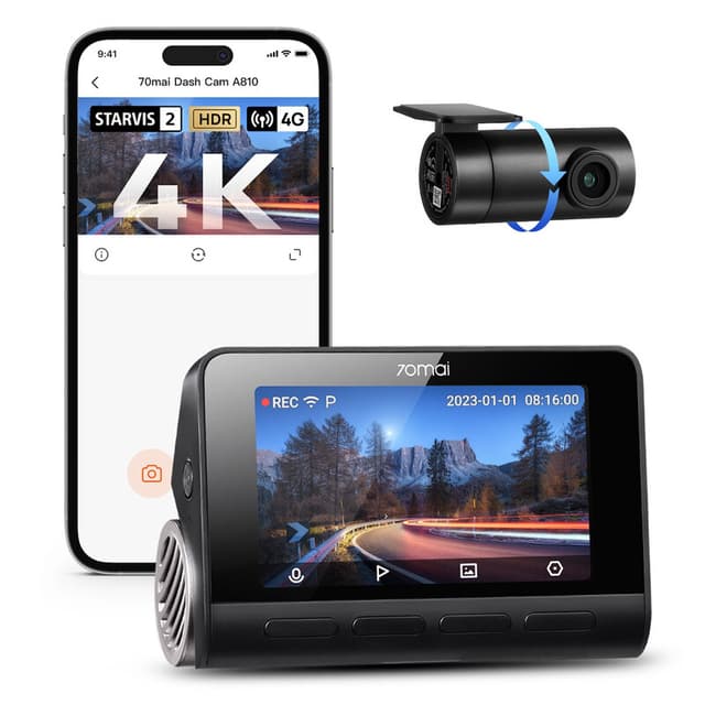 70mai 4K Dashcam Voor en Achter A810-2, Echte 4K UHD Dashcam met Sony STARVIS 2, HDR Nachtzicht, AI-Bewegingsdetectie, Ingebouwde GPS, 4G LTE Ondersteund, ADAS, 24u Parkeermodus, Spraakbesturing, 150° Groothoek (SD-kaart niet inbegrepen)