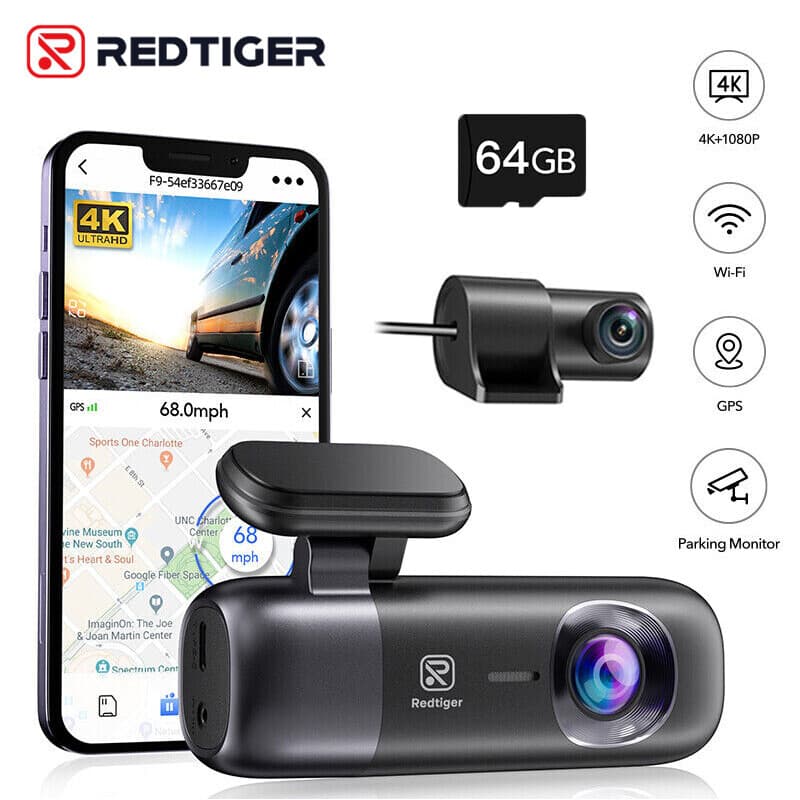 REDTIGER dashcam, 4K-voorcamera en 1080P-achtercamera, met wifi & GPS, app-bediening, nachtzicht, gratis 32GB-kaart — afbeelding 1