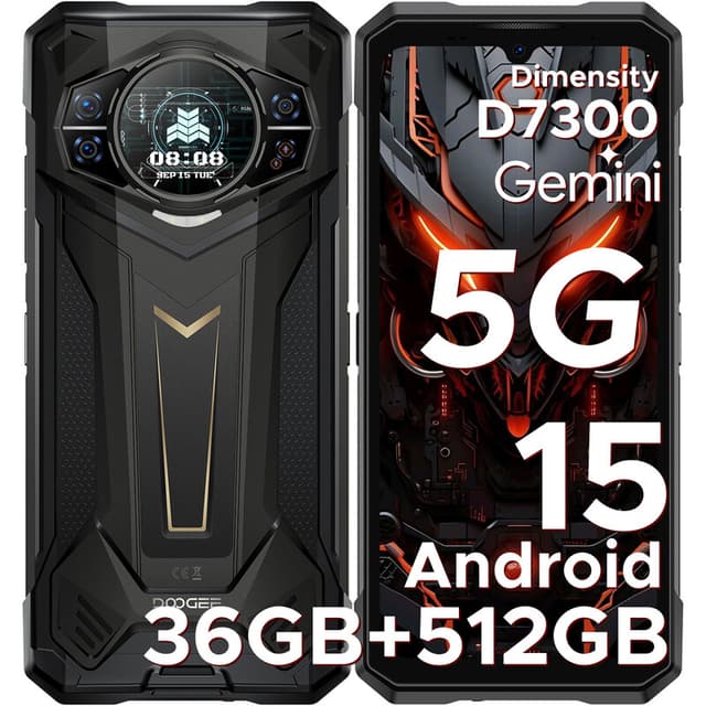 DOOGEE S200 Plus robuuste smartphone 5G, Dimensity 7300, 16 GB + 20 GB RAM + 512 GB opslag, met 1,32 inch dynamisch achterscherm, Android 15, 10100 mAh, 100 MP + 20 MP nachtzichtcamera, 6,72 inch, 120 Hz, NFC, Gemini AI