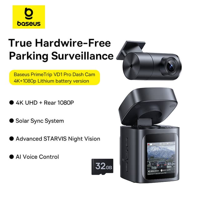 Baseus PrimeTrip VD1 Pro dashcam 4K + 1080p, lithiumbatterij-versie, Cosmin-zwart