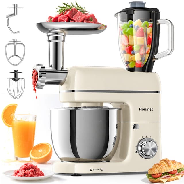 HONINST 7-in-1 multifunctionele staande mixer, 6,5 qt keukenmixer met 8 snelheden en kantelbare kop, elektrische keukenmixer met vleesmolen, sapblender, deeghaak, klopper, garde, kom voor de meeste thuiskoks