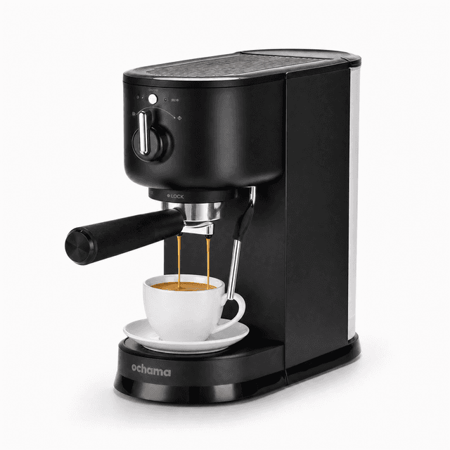 ochama halfautomatische drukkoffiemachine, stoom melkopschuimer, 15Bar espresso extractie, 1,25L groot watertank, volledig plastic instap espresso koffiemachine
