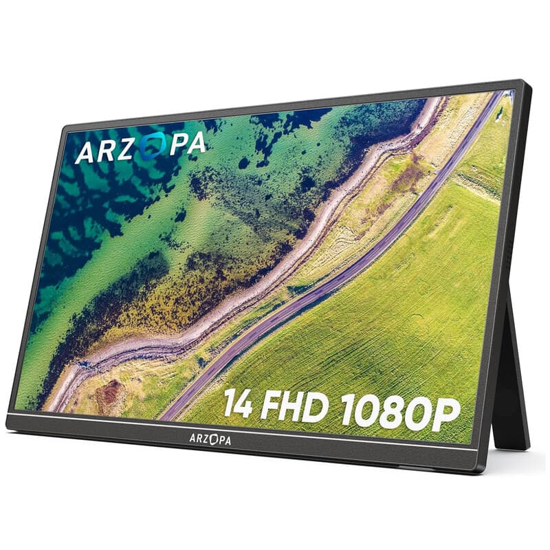 ARZOPA A1S draagbare monitor met uitklapstandaard, 14,0 inch ultraslanke draagbare laptopmonitor, FHD 1080P extern beeldscherm met dubbele luidsprekers, tweede scherm voor laptop, pc, telefoon, Xbox, PS4/5, Switch — afbeelding 1