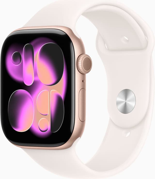 Apple Watch Series 11 GPS + Cellular 42 mm, rosegouden aluminium horlogekast met lichtroze sportband - M/L