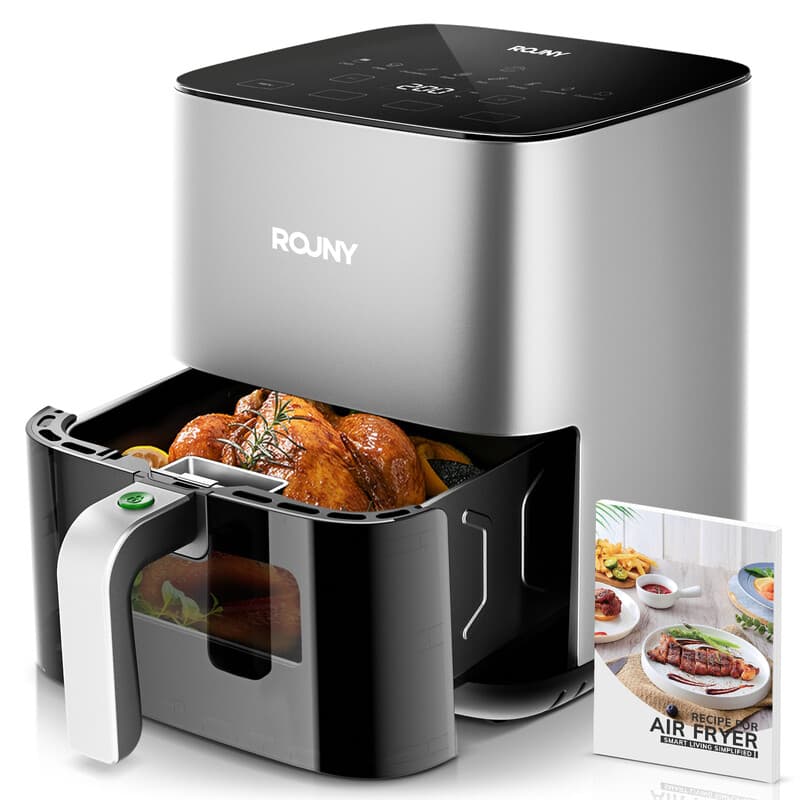 ROUNY 5 liter heteluchtfriteuse, elektrische heteluchtfriteuse met stoommandje, kinderslot, kijkvenster, touch-bediening, mand met antiaanbaklaag voor gezinsmaaltijden en snacks, T3 — afbeelding 1