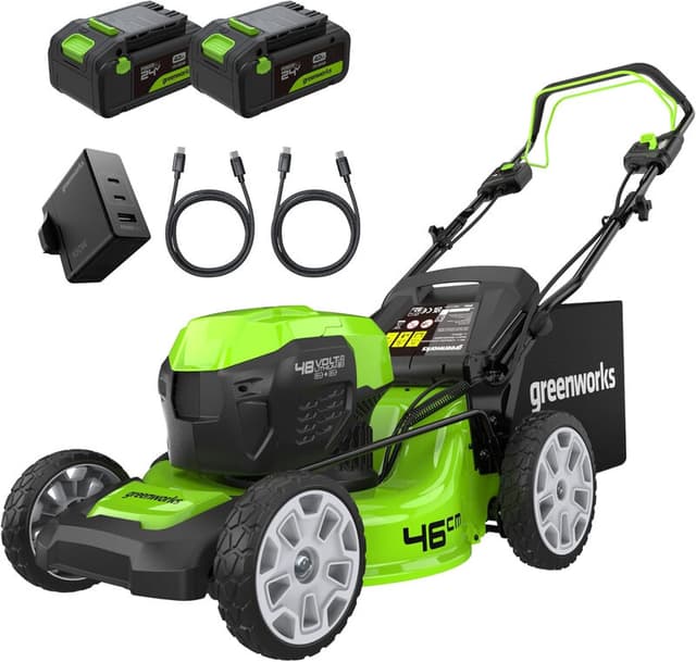 greenworks 48 V (2 x 24 V) zelfrijdende accu-grasmaaier voor grote gazons tot 480 m², 46 cm maaibreedte, 55 l opvangzak plus twee 4 Ah accu's en dubbele lader, 3 jaar garantie GD24 x 2LM46SPK4X