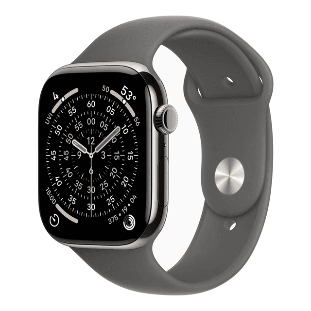 Apple Watch Series 11 GPS + mobiel 46 mm, natuur titanium behuizing met sportband - steengrijs - M/L